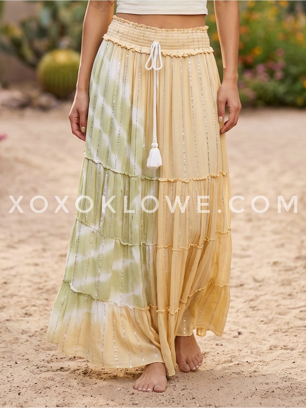 POL Boho Tiered Maxi Skirt | Flowy Smocked Waist Festival Tan Sage